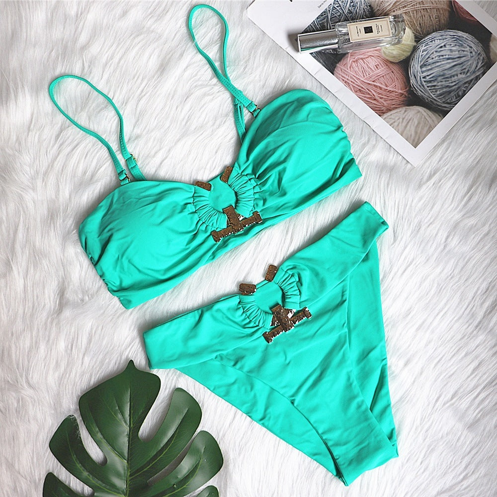 Solid Color Tube Top High Waist Swimsuit Metal Accessories Women'S Swimwear ShopWithASmile7.com