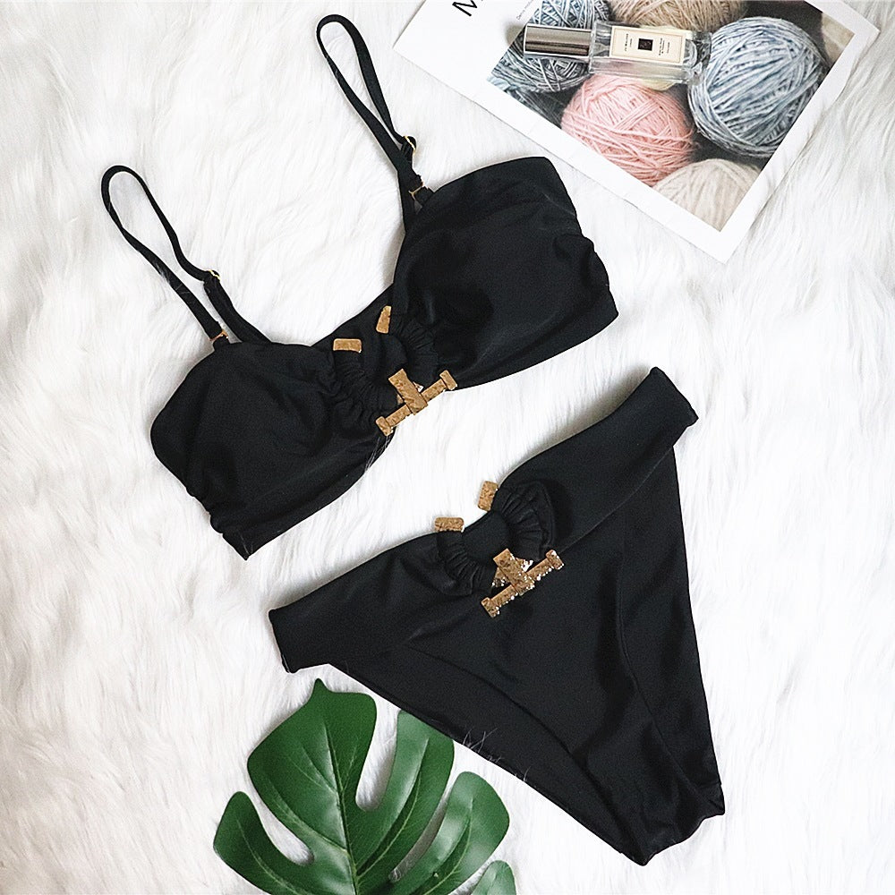 Solid Color Tube Top High Waist Swimsuit Metal Accessories Women'S Swimwear ShopWithASmile7.com