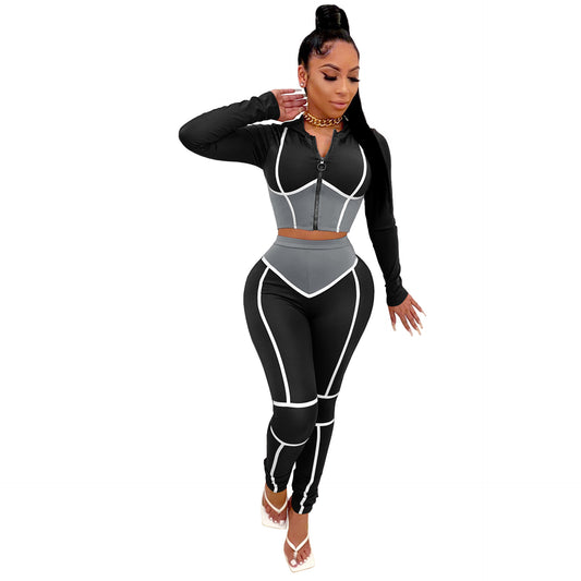 Fashion Yoga Clothes Contrast Color Tight Two-piece Sports Suit