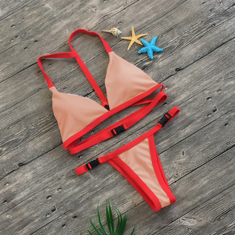 Bikini split solid color buckle swimsuit