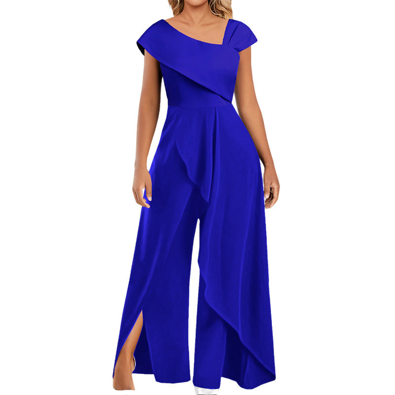 Women's Fashion Temperament Diagonal Collar Solid Color Jumpsuit ShopWithASmile7.com