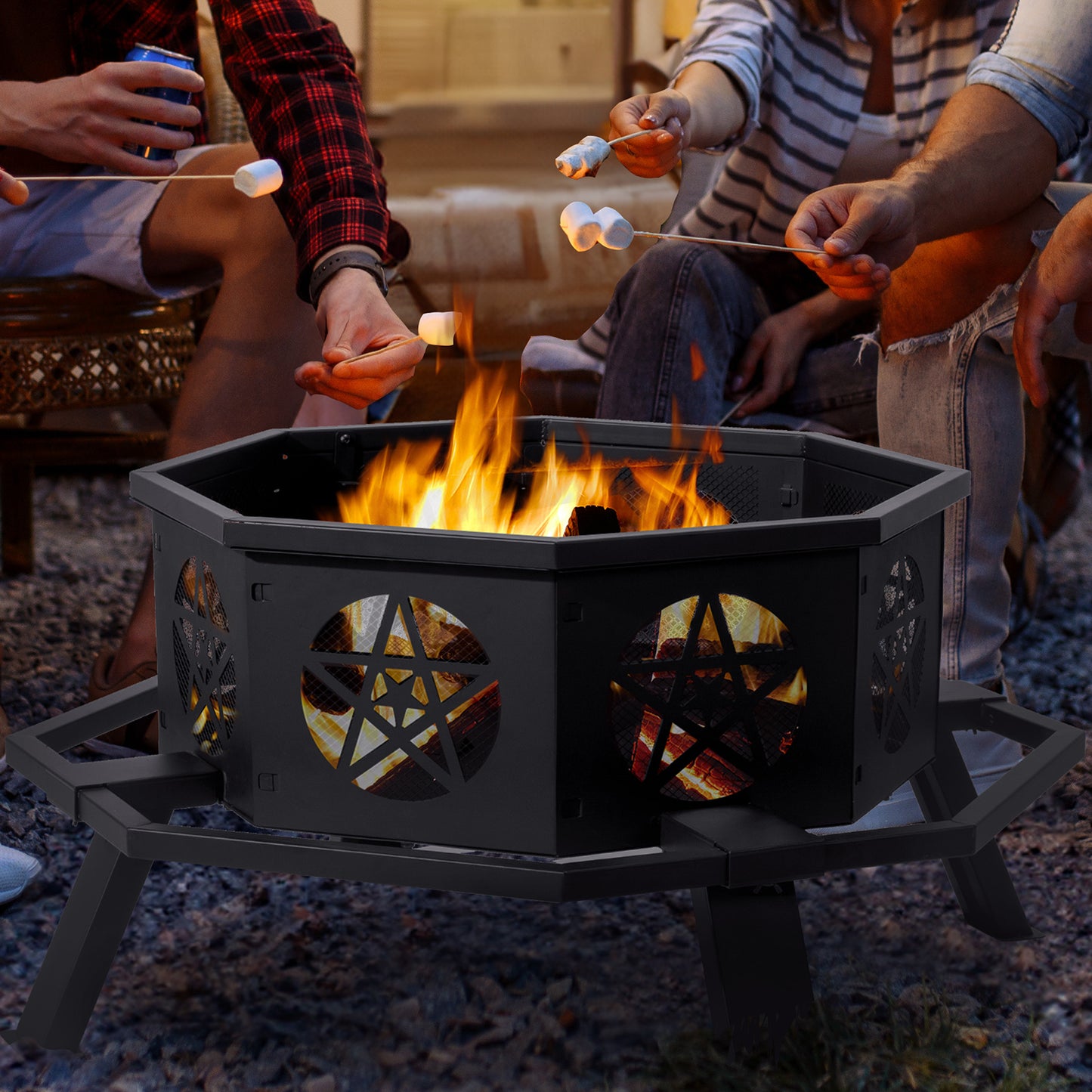 Large 35” Octagonal Fire Pit – Black Wrought Iron, Pentagram Cutouts, Foot Pedal Safety Ring