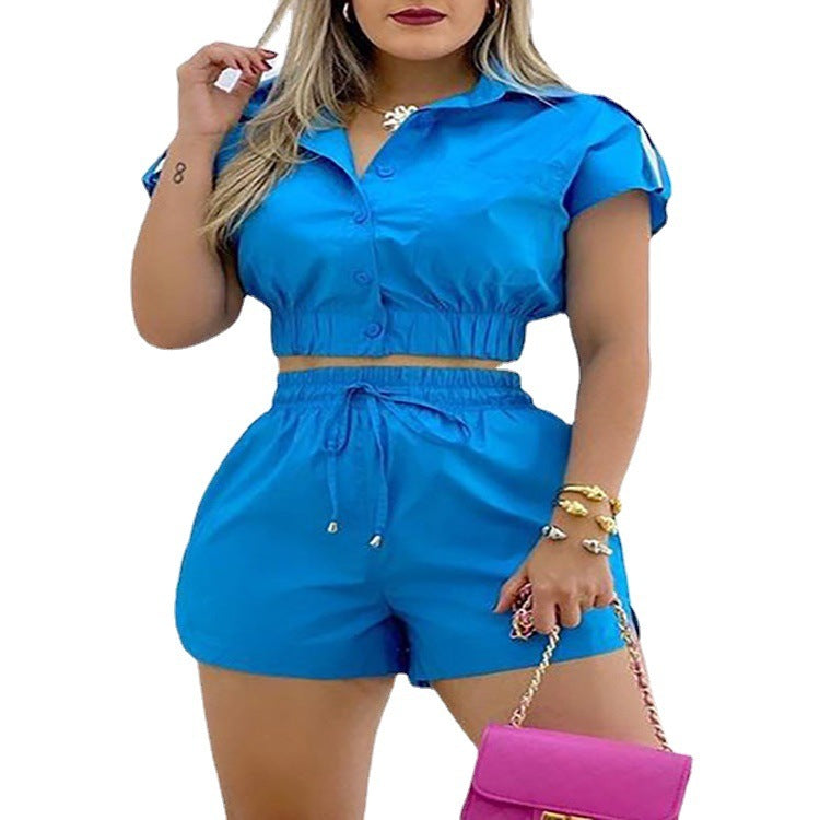 Women's Casual Fashion Solid Color Short Sleeve Button Suit