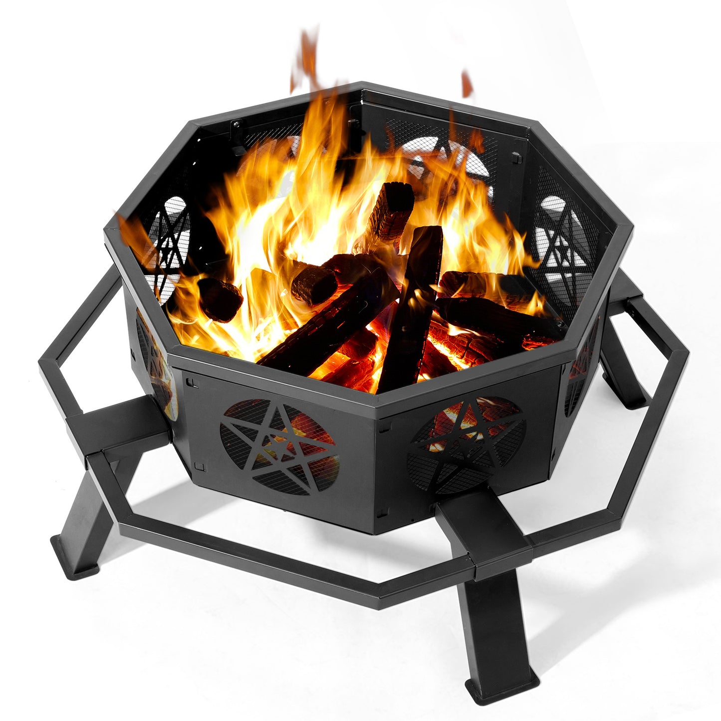 Large 35” Octagonal Fire Pit – Black Wrought Iron, Pentagram Cutouts, Foot Pedal Safety Ring