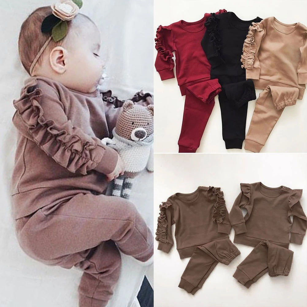 Newborn Baby Boys Girls Ruffles Jumper Solid Long Sleeve Sweatshirt Tops Pants Infant Kids 2Pcs Outfits Clothes Set Fall Clothes ShopWithASmile.com