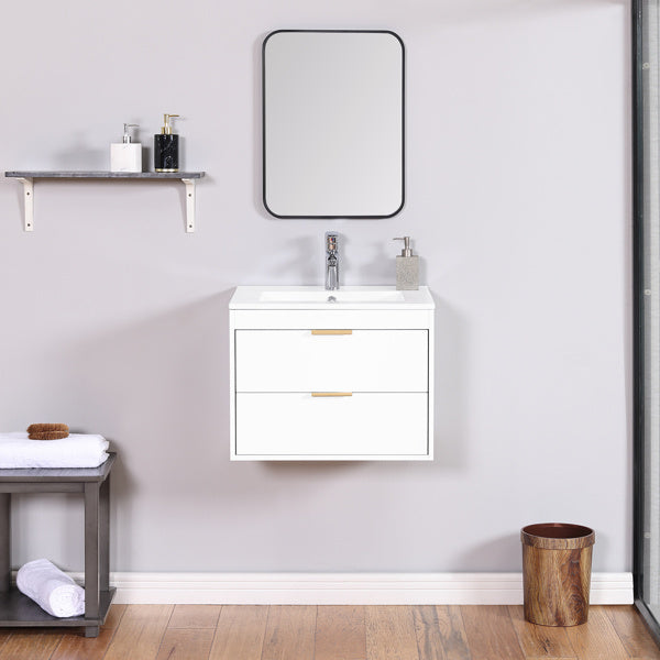 24 Inches Floating Wall-Hung Bathroom Vanity With White Ceramic Sink And Drawer Storage - No Mirror, No Faucet