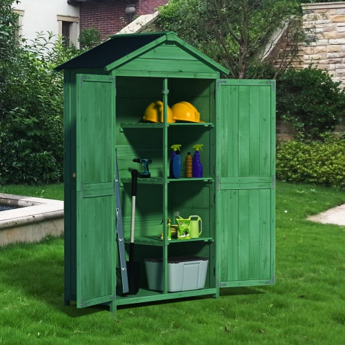 Outdoor 35.6x 18.1x 66.15 L Wood Storage Shed, Garden Tool Cabinet With Waterproof Asphalt Roof, Double Doors, Multiple-tier Shelves,Forest Green