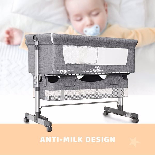 3-in-1 Bedside Crib With Mosquito Net, Large Storage Bag, Comfortable Mattress With Lockable Wheels, Grey ShopWithASmile7.com