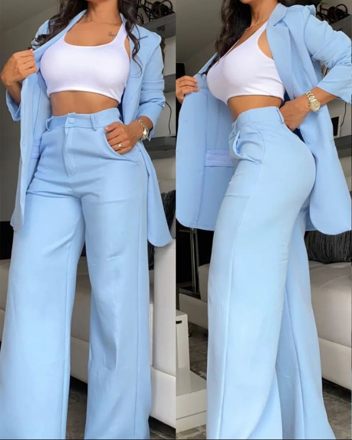 Plain Color Sleeve Lapel Suit Pocket Straight-leg Pants Suit ShopWithASmile7.com
