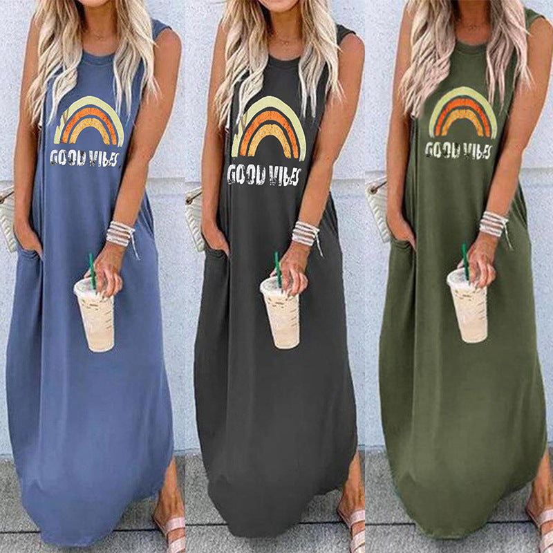 Women's Round Neck Short Sleeve Loose Mid Length Dress