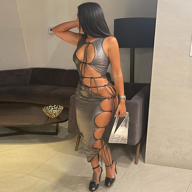 Women's Fashion Hollow Lace-up Solid Color Sleeveless Dress