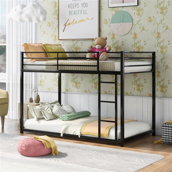 Metal Bunk Bed, Low Bunk Bed With Ladder, Black