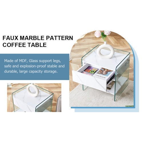 Bedside Table With Drawers. The Board Surface Is MDF Sticker, And Both Sides Are Transparent Tempered Glass. The Design Is Simple And Elegant, With Excellent Storage Functions