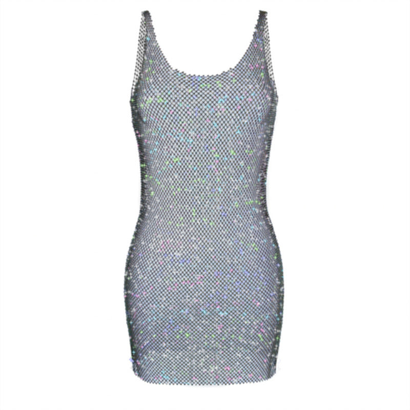Women's Light Diamond Fishnet Sequined Sexy Hollow-out Camisole Dress