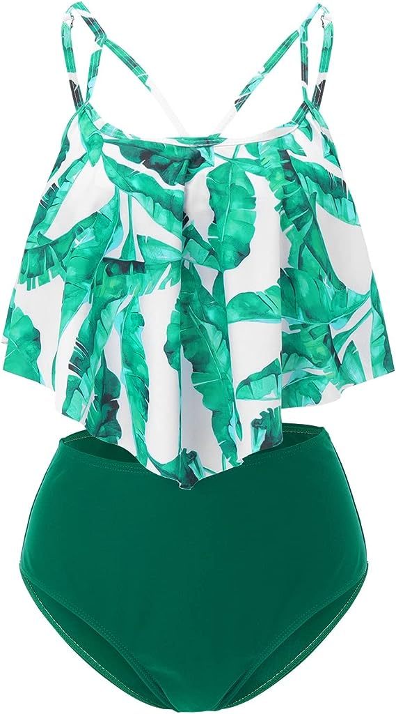 New Style Swimsuit Double Layer Lotus Leaf Tropical Rain Forest High Waist Split Swimsuit ShopWithASmile.com
