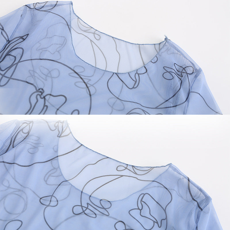 Women's Round Neck Long Sleeve Art Graffiti Slim Dress