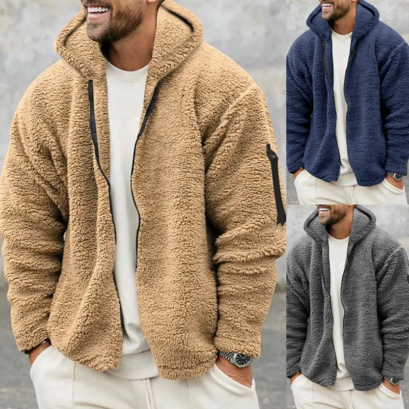Plush Hooded Jacket Men's Autumn And Winter Fleece Double-sided Wear Warm Coat With Zipper Loose Casual Jacket Outdoor Clothing ShopWithASmile7.com