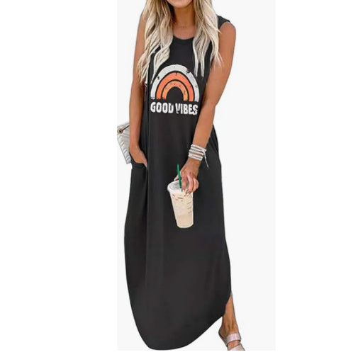 Women's Round Neck Short Sleeve Loose Mid Length Dress