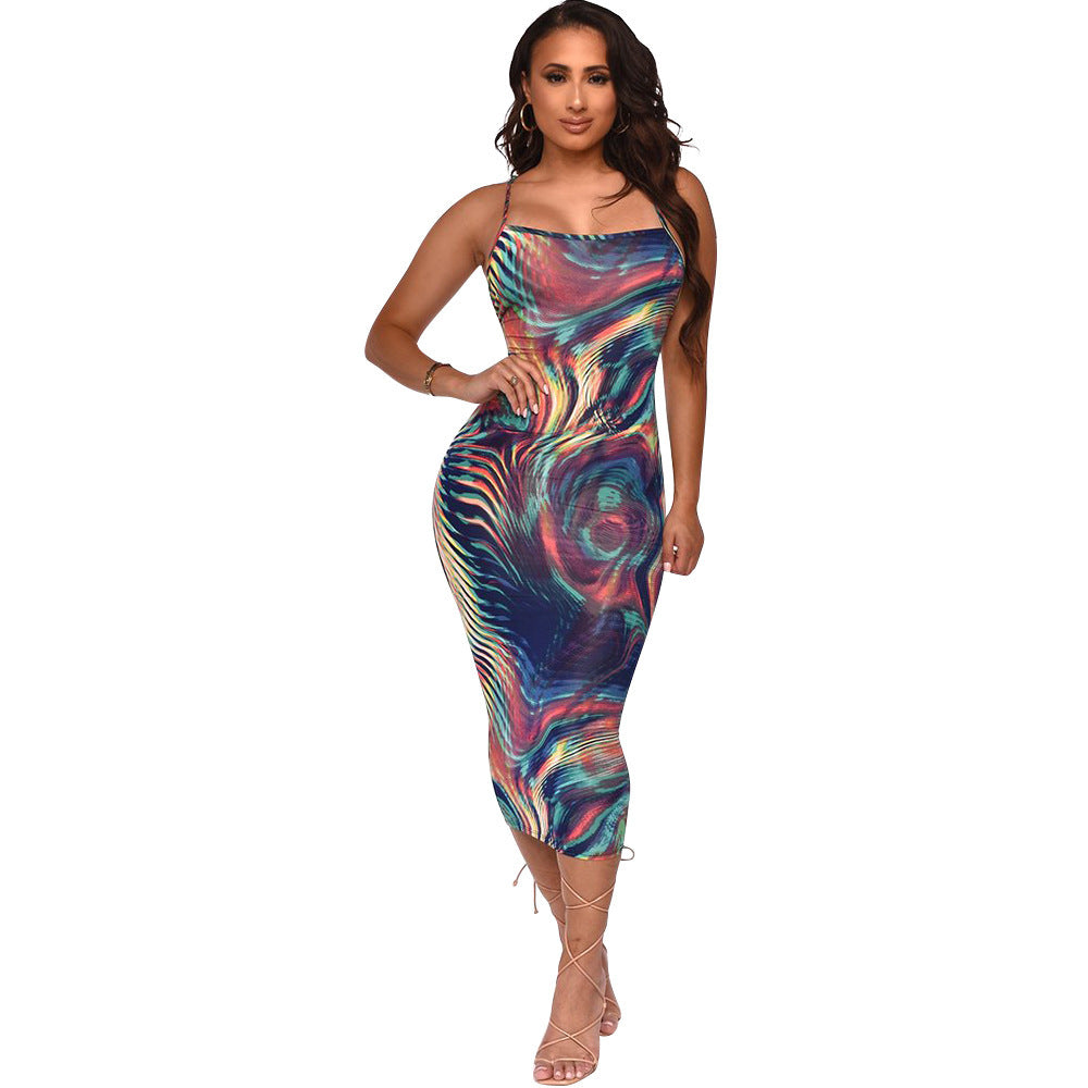 Fashion Sexy Digital Print Tight Strap Dress