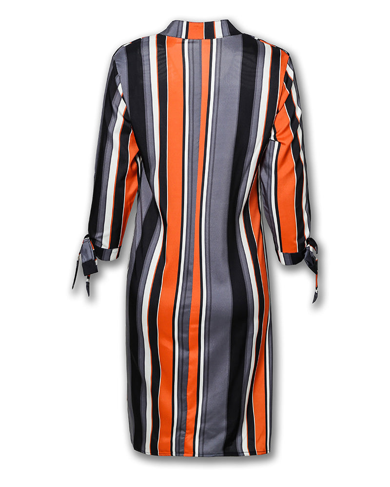 Women's Retro Ladies Cutting Bandage Hit Color Striped Shirt Dress