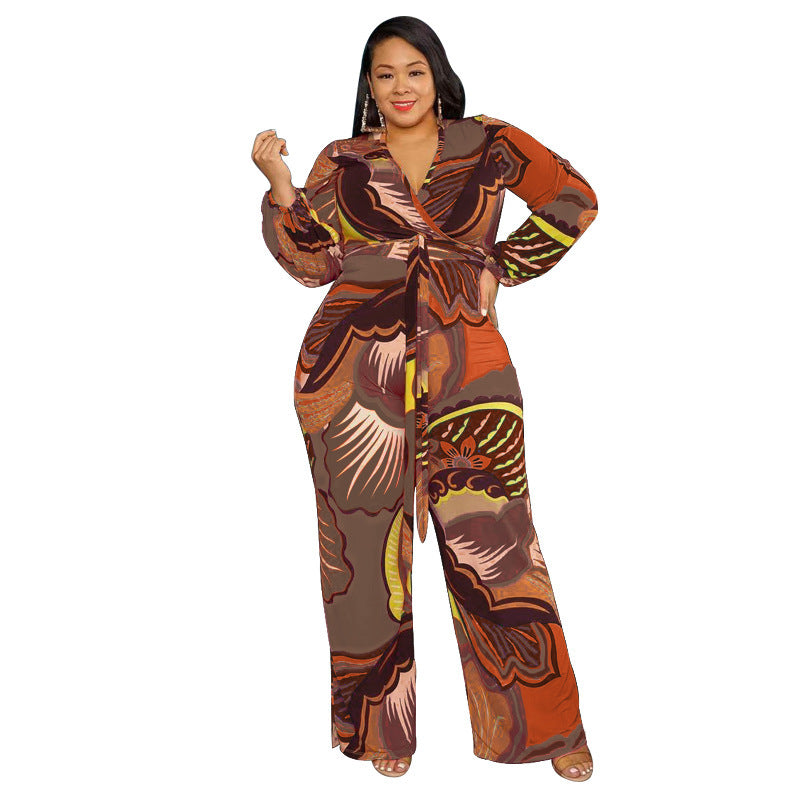 Women's Fashion Deep V-neck Loose Fitting Jumpsuit With Belt