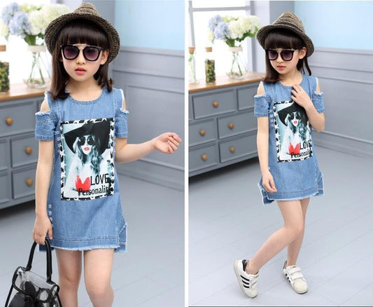 Children's casual cartoon print denim strapless dress