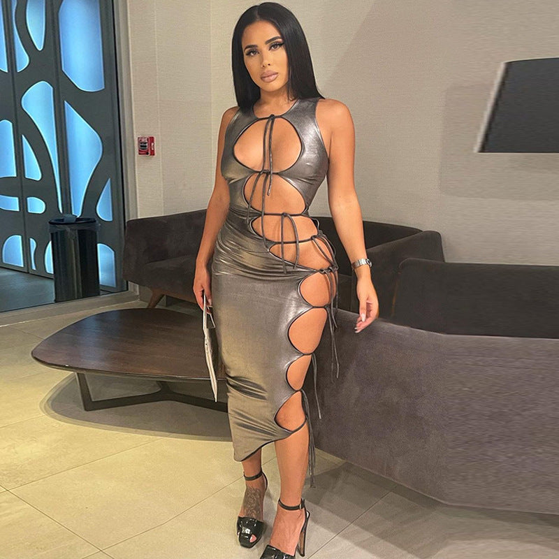 Women's Fashion Hollow Lace-up Solid Color Sleeveless Dress