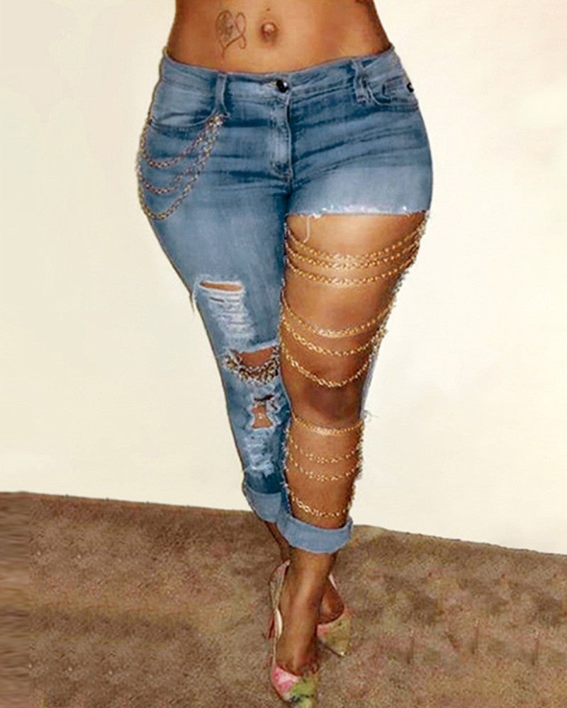 Fashionable Ripped Chain Jeans – Light Wash, High-Stretch Denim, Slim Fit Pencil Pants for Women
