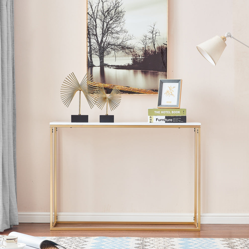 White Rectangular Marble With Gold Legs In The Hallway