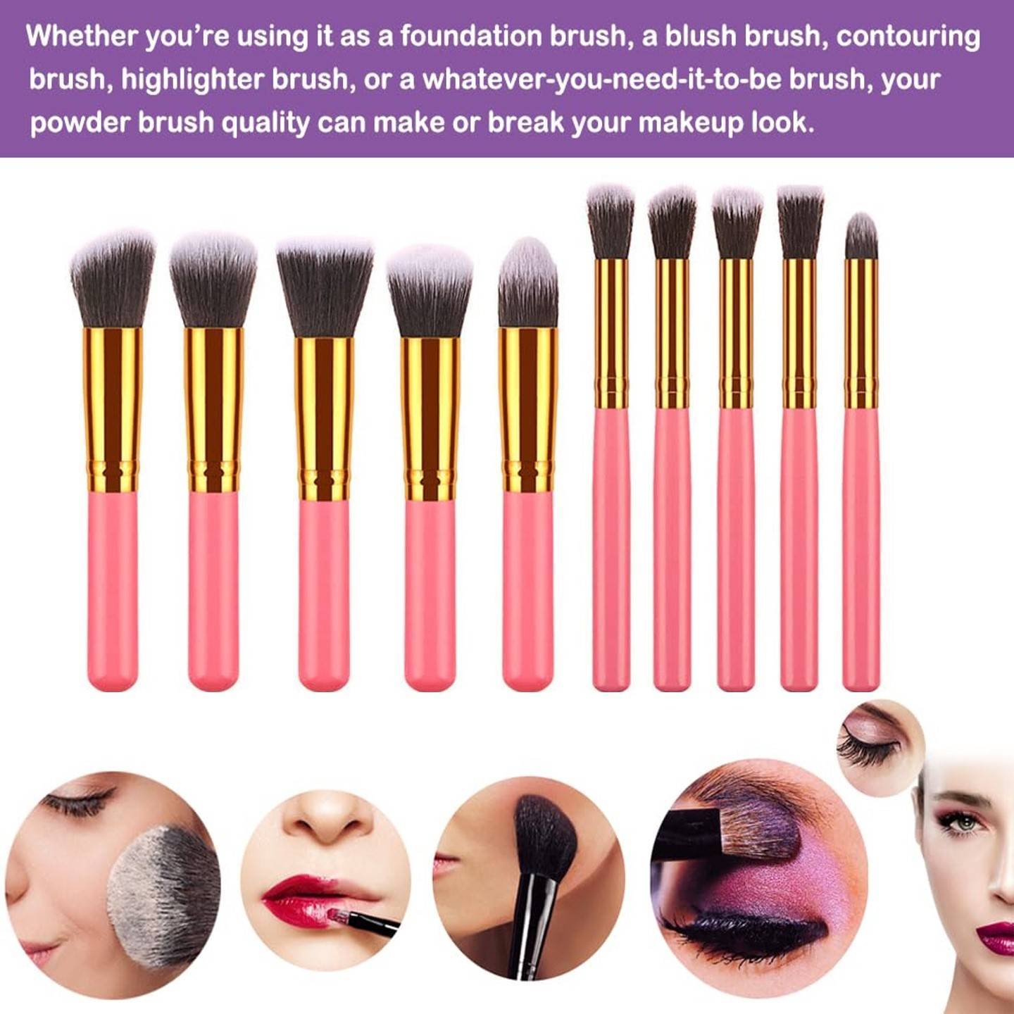 10-Piece Professional Makeup Brush Set with Bag – Soft Nylon Bristles, Golden Black Design, Portable and Reusable for Beginners and Pros