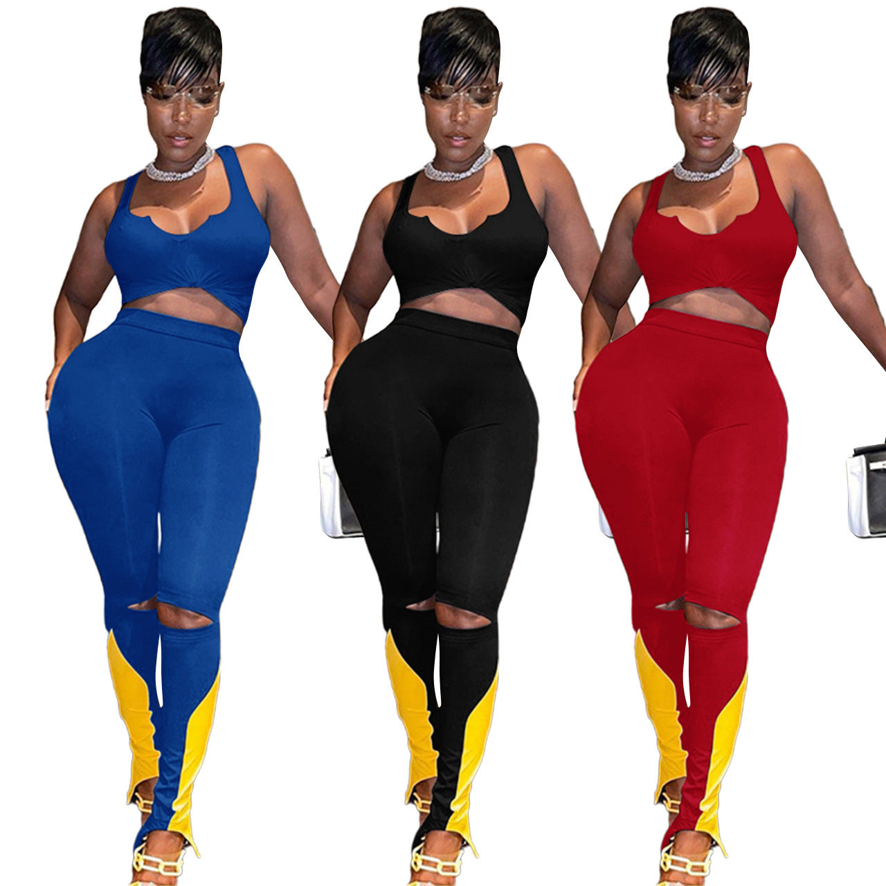 Spring Summer Vest Short Top Contrast Color Hollow Casual Two-piece Set