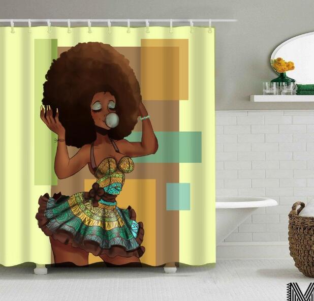 Art Design Graffiti Art Hip Hop African Girl with Black Hair Big Earring with Modern Building Shower Curtain for Bathroom Decor ShopWithASmile7.com