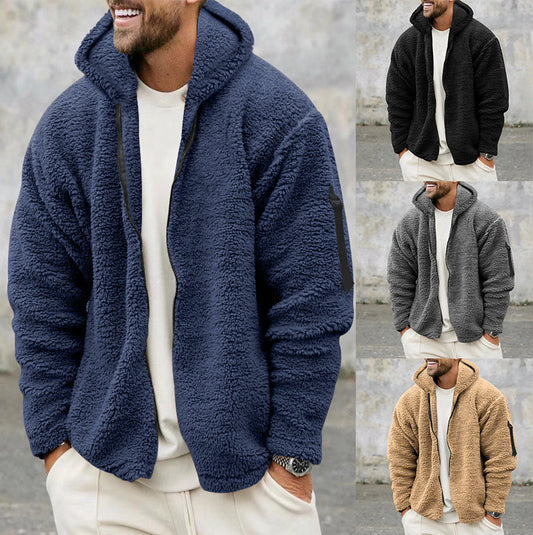 Plush Hooded Jacket Men's Autumn And Winter Fleece Double-sided Wear Warm Coat With Zipper Loose Casual Jacket Outdoor Clothing ShopWithASmile7.com
