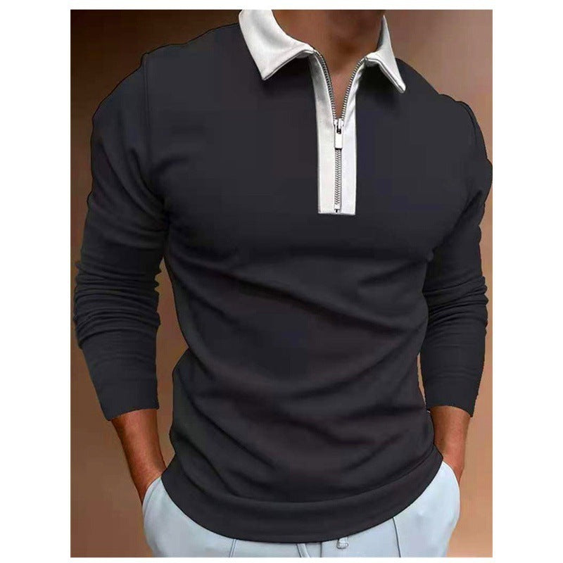European And American Men's Zipper Stitching Lapel T-shirt