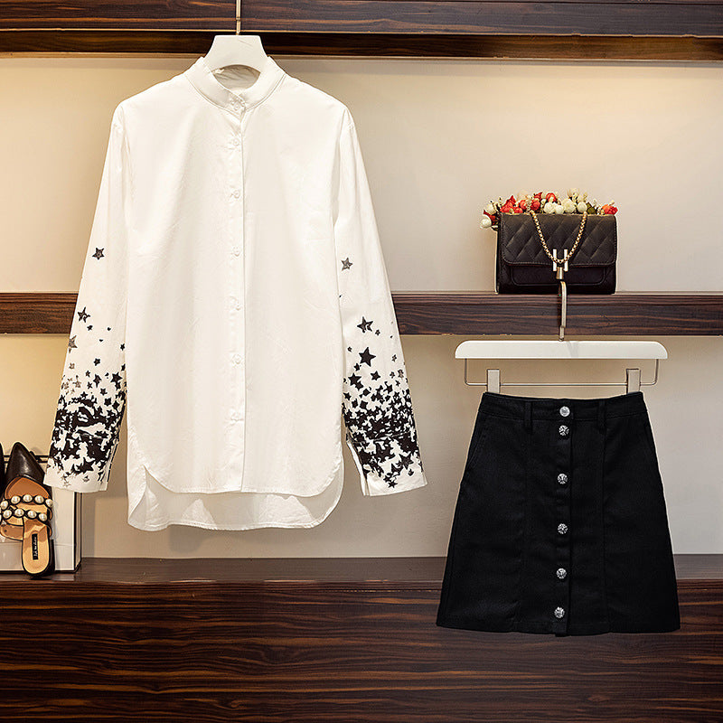 Two-piece suit with high waist and slim denim skirt