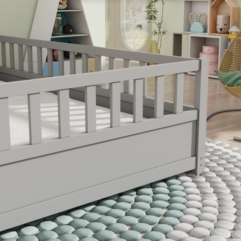 Full Size Floor Bed, Integral Construction With Super High Security Barrier, Door, Children's Floor Bed Frame, Montessori Wooden Children's Floor Bed, Support Slat White