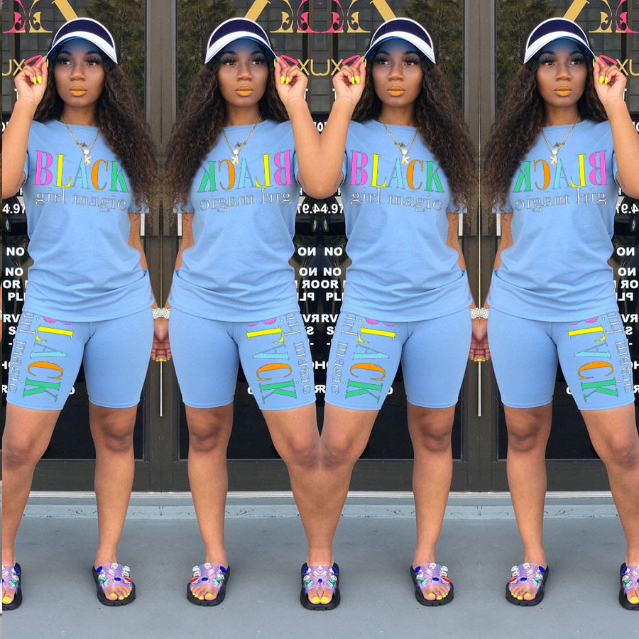 Two-piece multicolor short-sleeved shorts with letters ShopWithASmile7.com