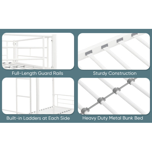 Twin Over Twin Metal Bunk Bed,Metal Structure Bedframe With Safety Guardrails And 2 Ladders,Convertible Bunkbeds,No Spring Box Required And Space Saving Design,White ShopWithASmile7.com