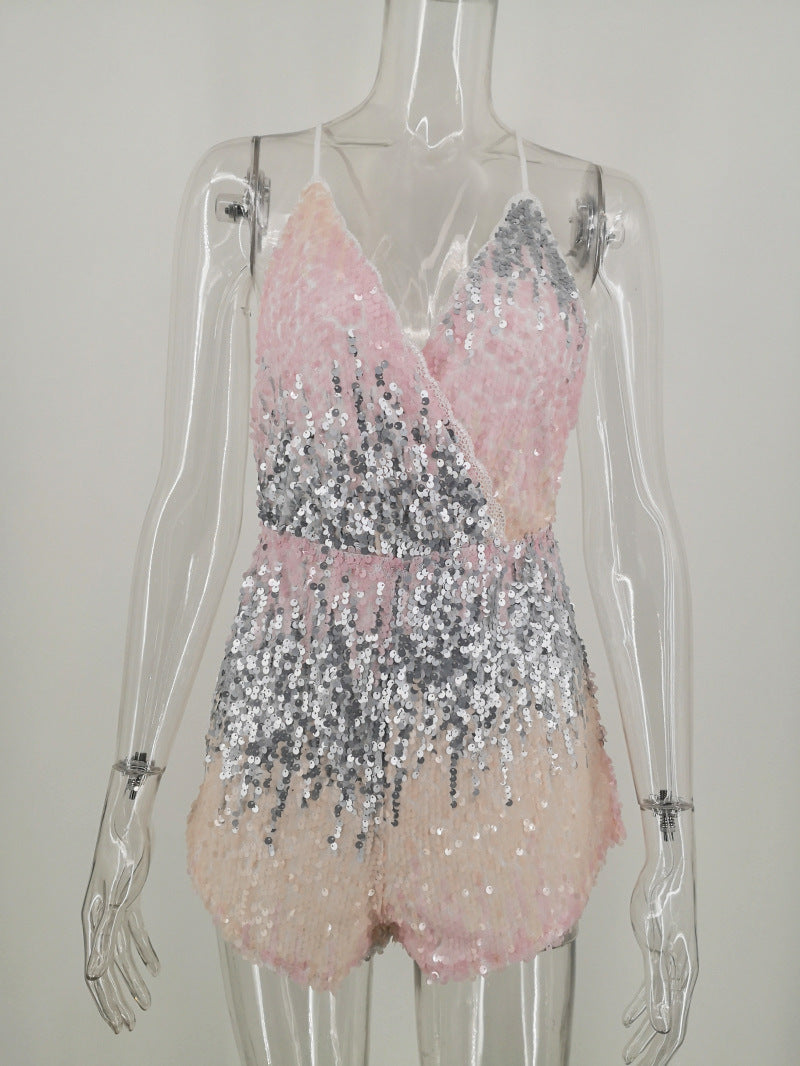 Women's V-Neck Sling Backless Sequin Jumpsuit