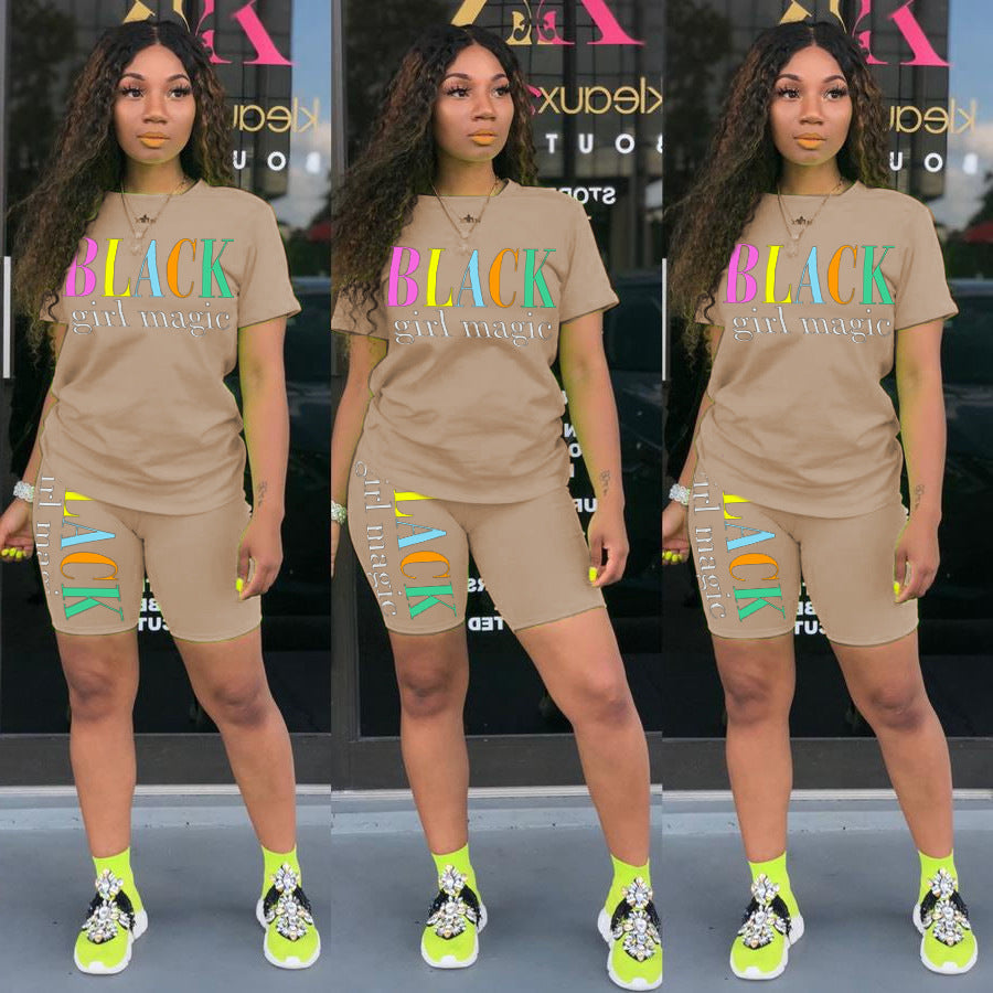 Two-piece multicolor short-sleeved shorts with letters ShopWithASmile7.com