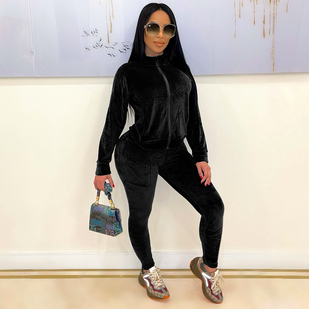 Fashion Sports And Leisure Solid Color Gold Velvet Long-Sleeved Women Pants Suit