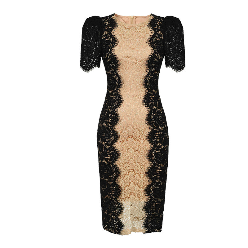 Women's French Round Neck Stitching Contrast Color Slim Fit Dress