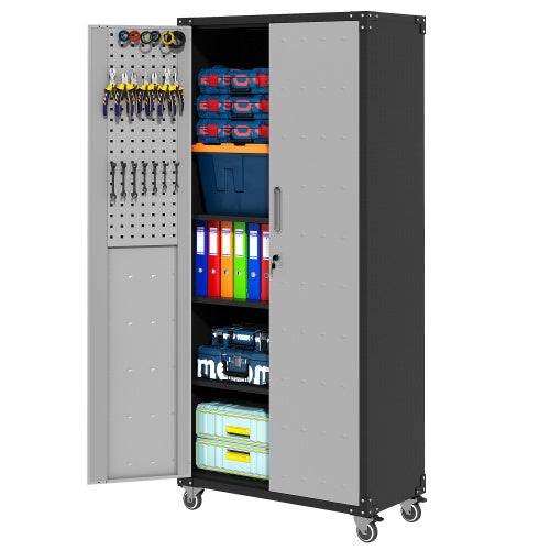 71 Metal Garage Storage Cabinet With Wheels - Heavy-Duty Tool Storage Cabinet For Home, Office, School, And Garage Organization, Black Gray