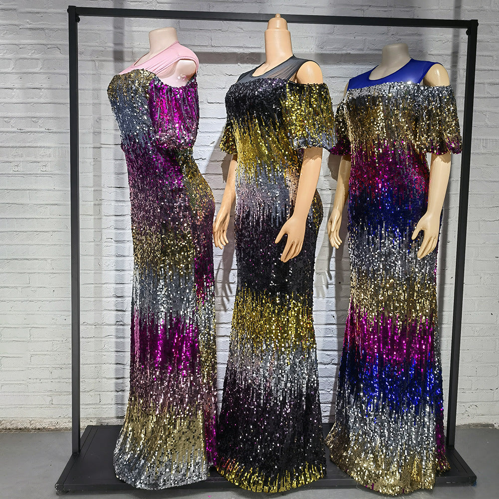 Stretch Color Changing Sequin Stitching Mesh Off-neck Fishtail Skirt