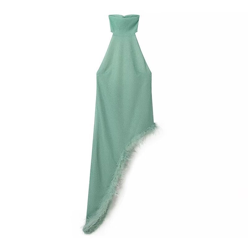 European And American Party Halter Dress Feather Stitching Vacation Style