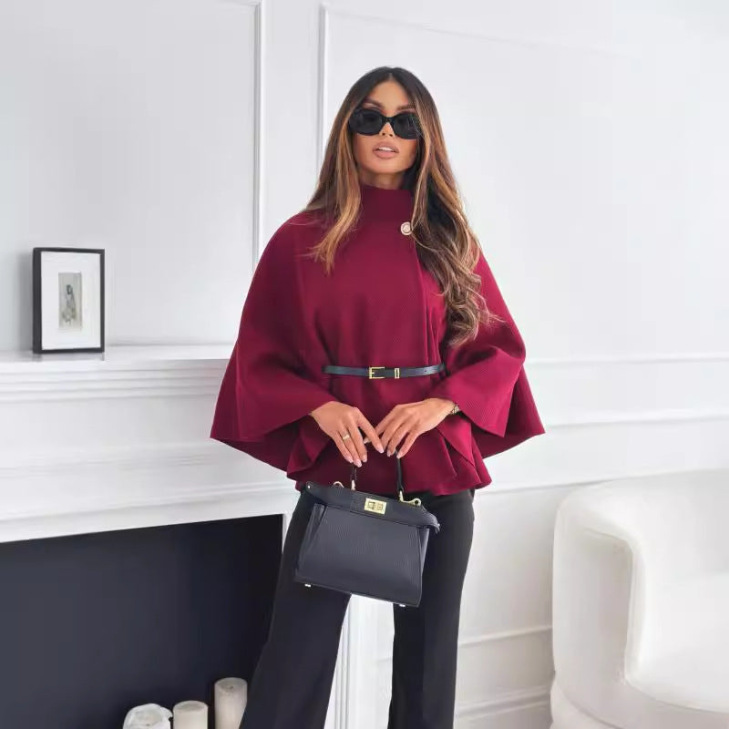 New Stand Collar Batwing Sleeves Cloak Top With Belt Ins Fashion Temperament Jacket Woolen Sweater Outwear For Women Clothing My Store