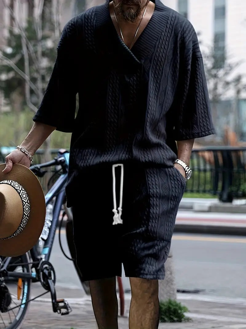 2pcs Men's Jacquard Solid Short Sleeve V Neck Shirt & Matching Drawstring Shorts Set, Summer Leisure Clothing ShopWithASmile7.com