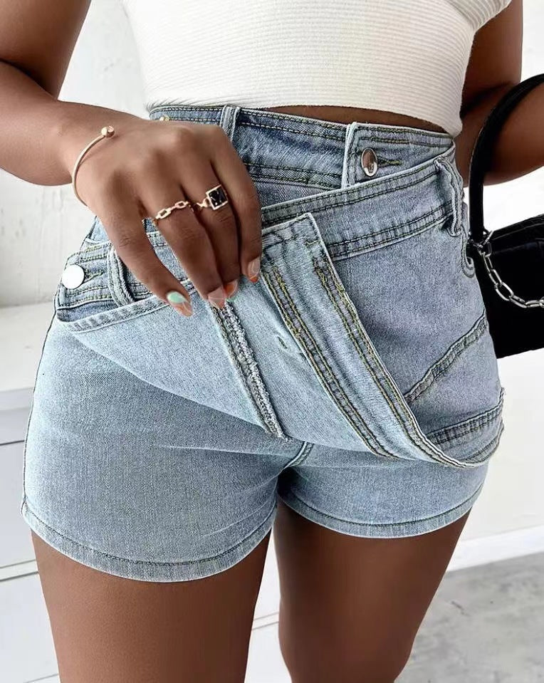 Y2K Street Vintage Denim Shorts Stretch Overlap Waist Wrap Solid Asymmetrical Hem A-Line Skinny Mini Skorts Skirt ShopWithASmile7.com