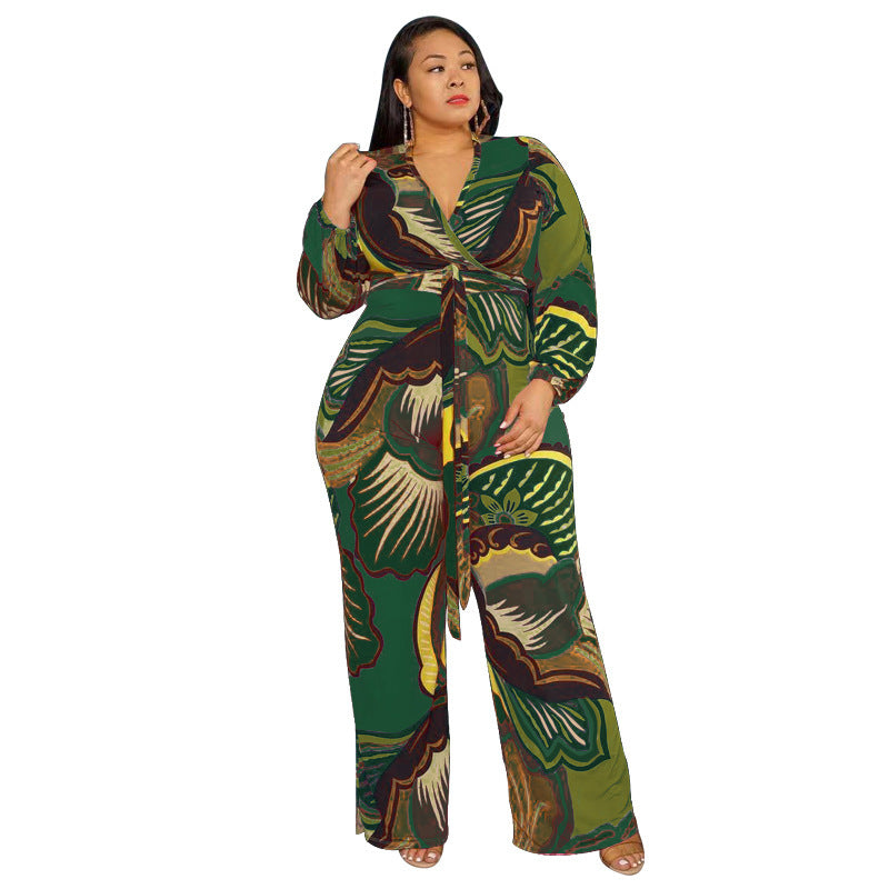 Women's Fashion Deep V-neck Loose Fitting Jumpsuit With Belt