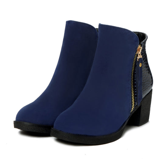 Rough leather low boots high heel women's boots side zip large size women's shoes